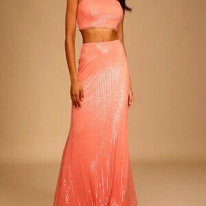 Lulus Spotlight Sparkle Coral Sequin Strapless Two-piece Maxi Dress Pink
